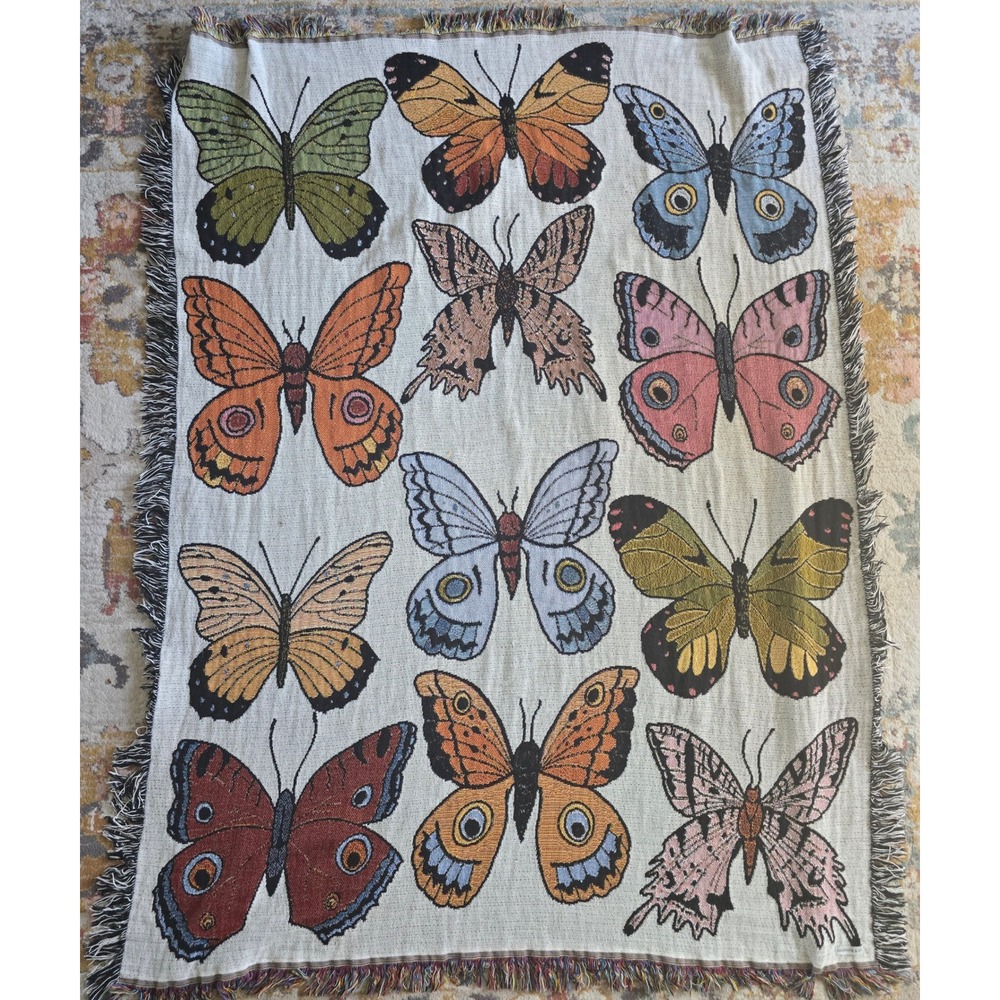 Calhoun & Co Woven Butterfly Moth Tapestry Throw Blanket Cottagecore 48x68 Boho